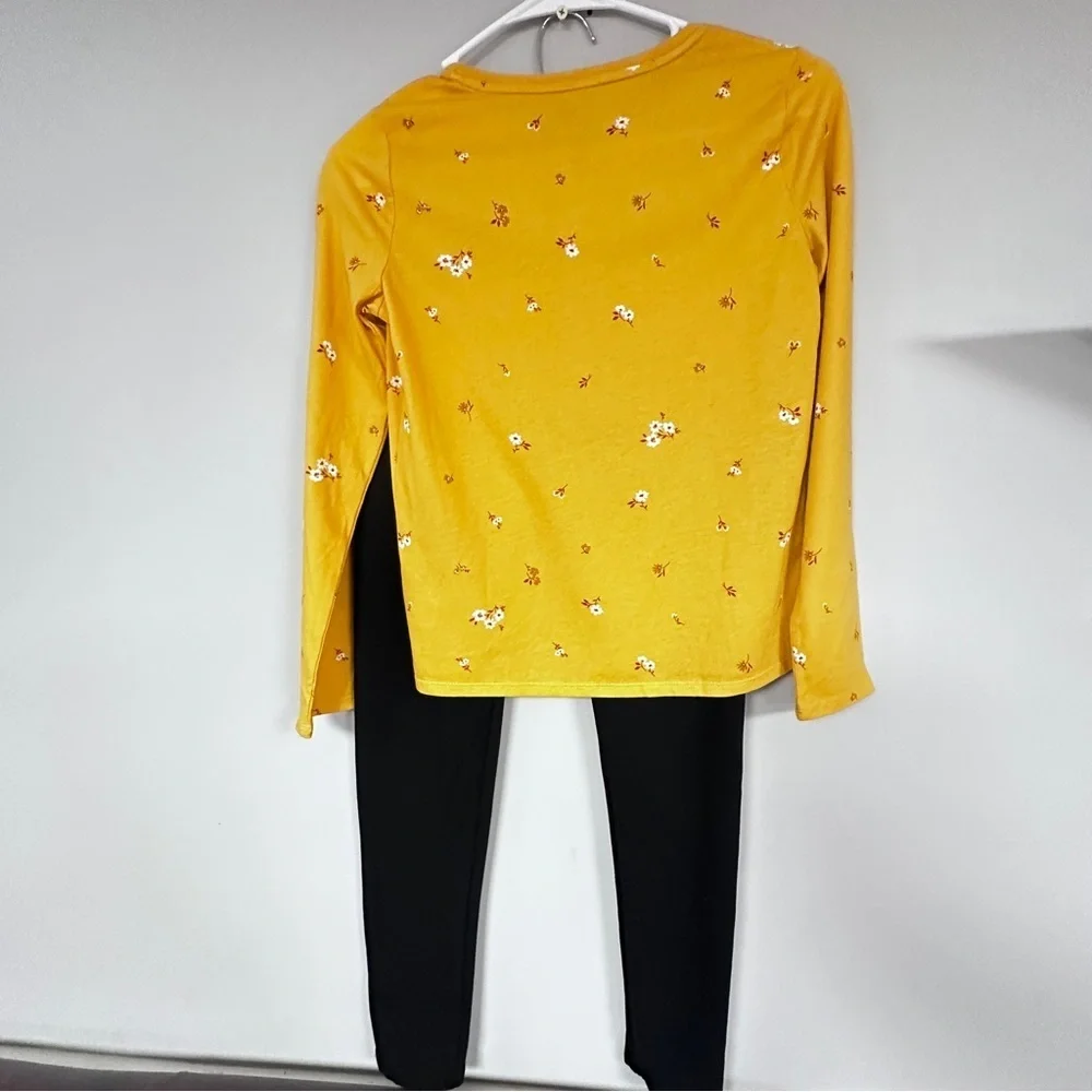 Girls New Yellow Floral Long Sleeve Tee with Black Warm Leggings, L (10-12)